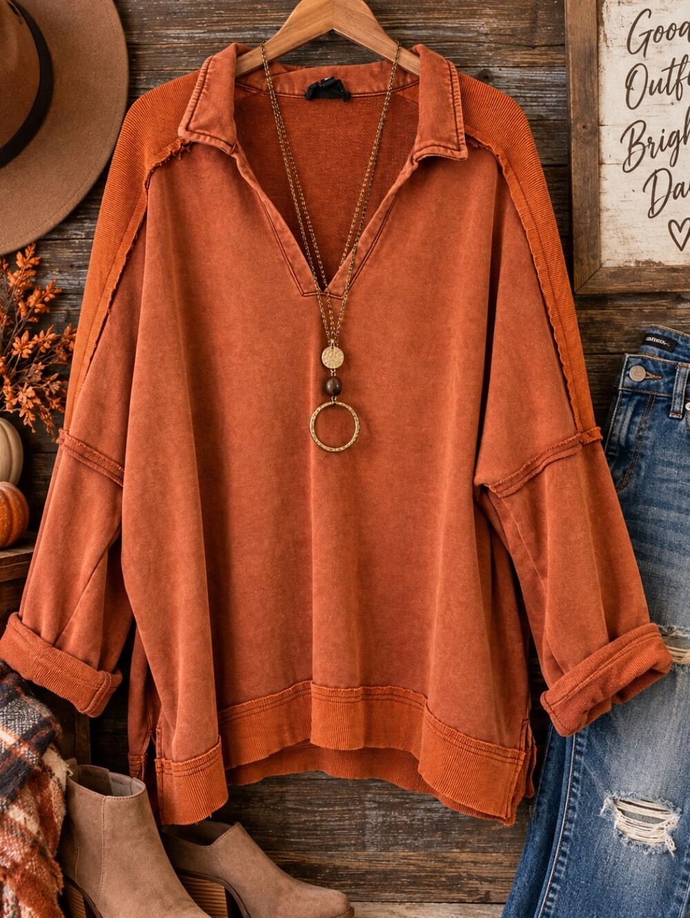 HEYSON 2XL Burnt Orange Mineral Wash Oversized V Neck Pullover Boho Top